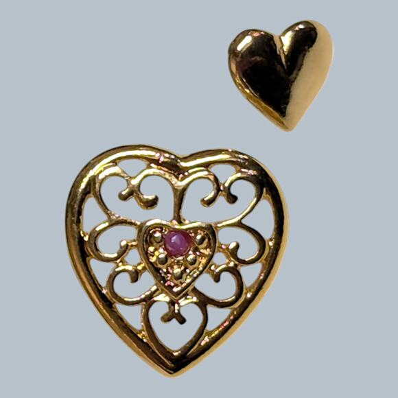 Jewelry - Filigree Gold Tone Pink Rhinestone & Solid Heart Hat Lapel Pin Lot